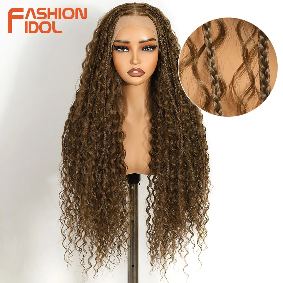 FASHION IDOL Twist Box Braided Lace Wigs Synthetic Brown 13X4 Lace Frontal Wigs For Black Women Goddess Faux Locs Braids Wigs