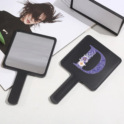 Fashion Universal Square Handheld Makeup Mirror With Handle Portable Vanity Mirror Initial Name Purple Flower 26 Letters Pattern