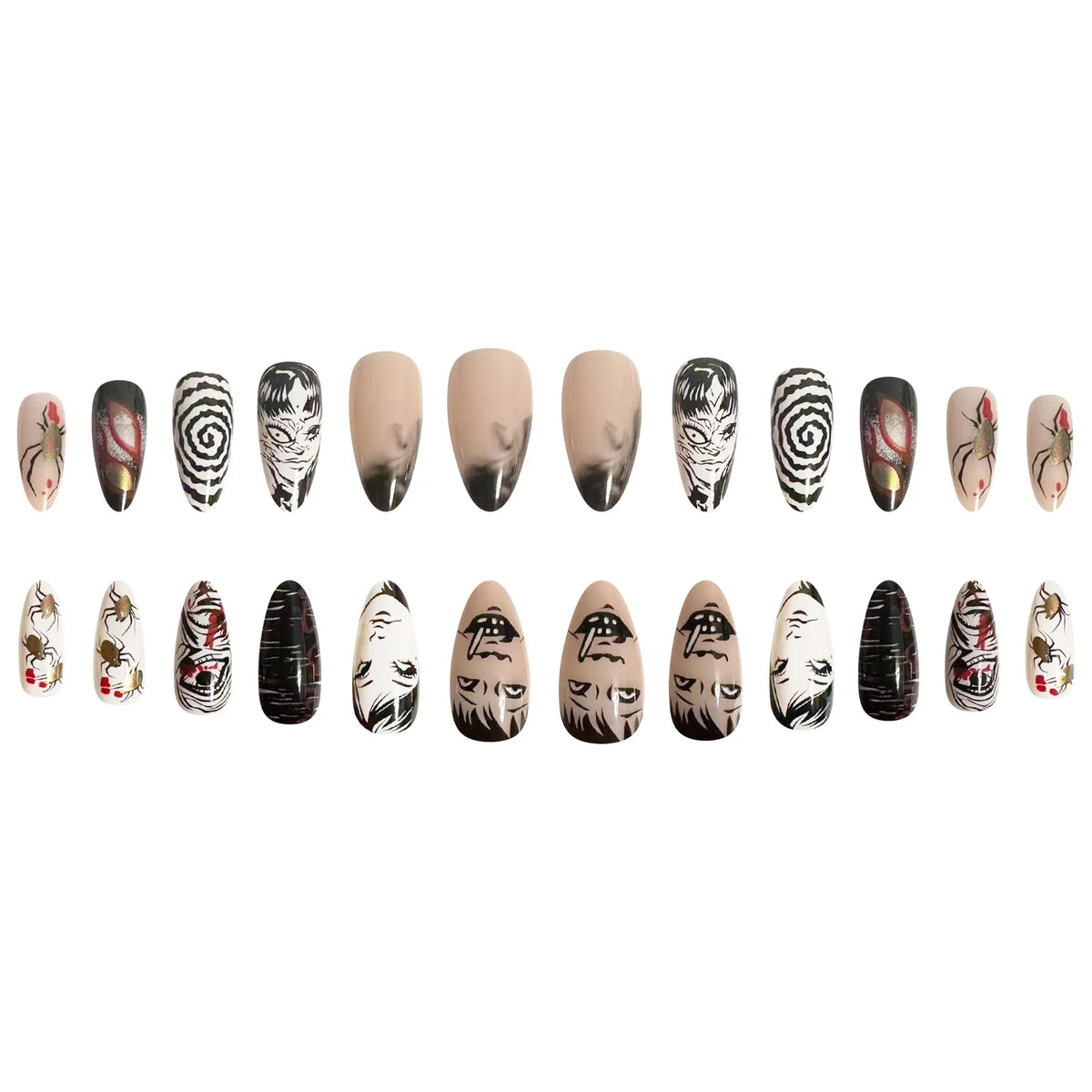 24pcs Black Spider Fake Nails Y2K Punk Style Girls Painted False Nails Full Cover Wearable Japanese Almond Press On Nails Tips