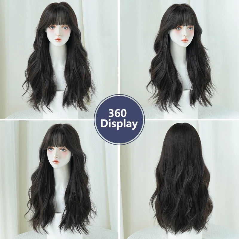 NAMM Costume Wig Synthetic Body Wavy Dark Brown Wig For Women Daily Use High Density Layered Hair Wigs With Fluffy Bangs