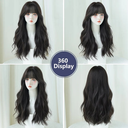 NAMM Costume Wig Synthetic Body Wavy Dark Brown Wig For Women Daily Use High Density Layered Hair Wigs With Fluffy Bangs
