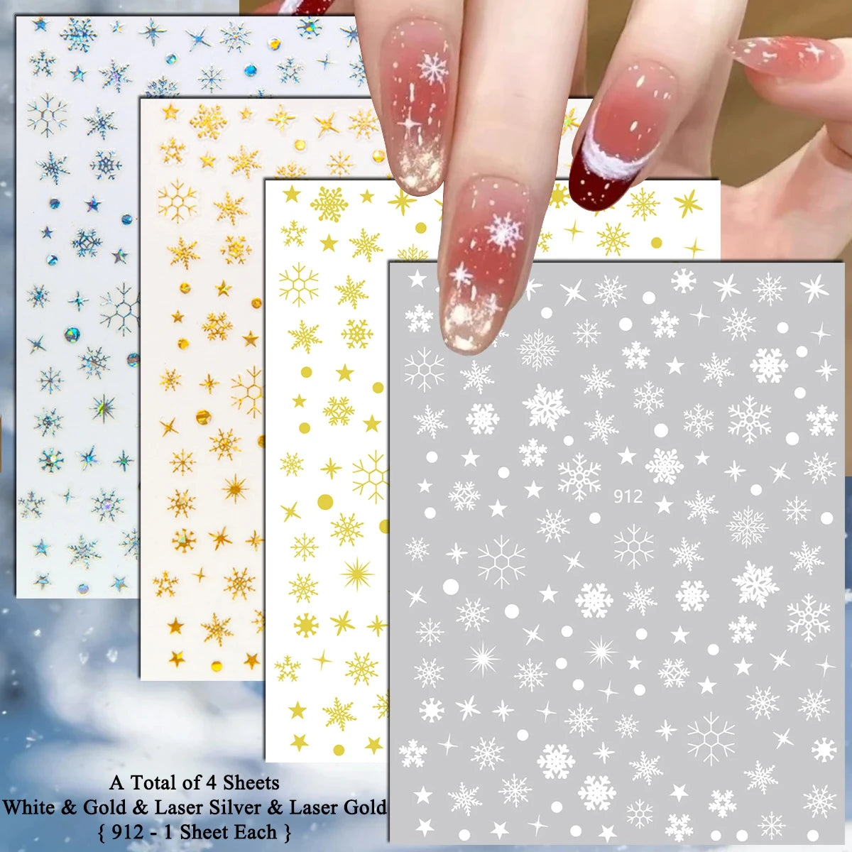 4 to 24 Sheets Xmas Snowflake Gold Silver Blue Holographic Self-Adhesive Winter Christmas Decor DIY Manicure Nail Art Stickers