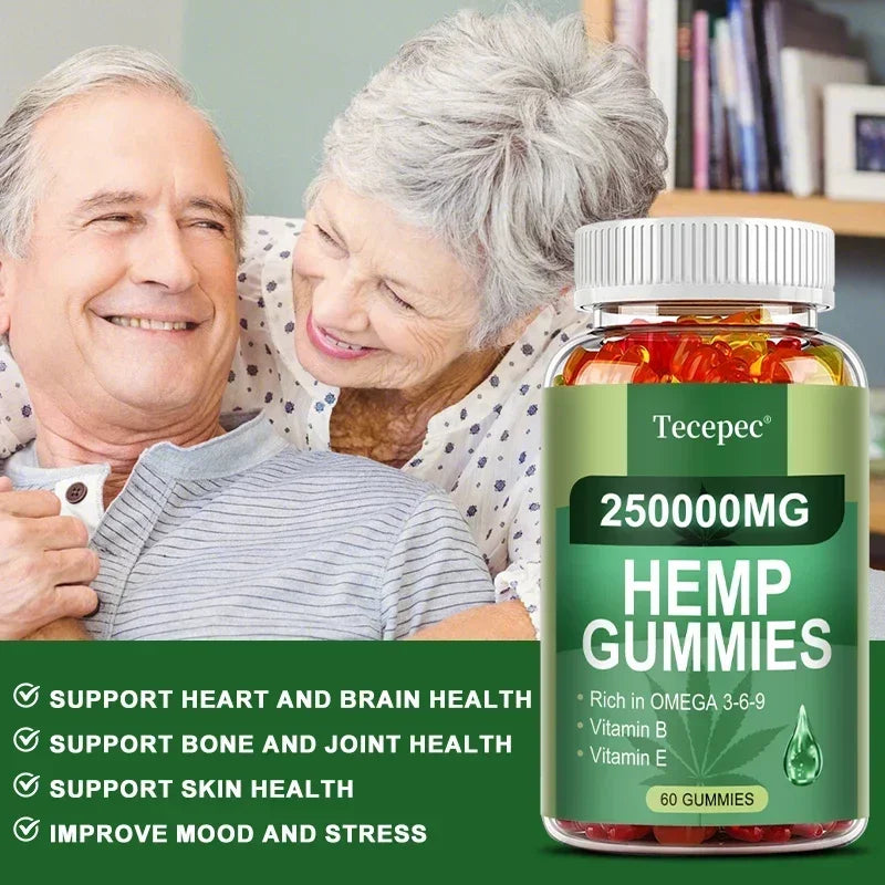 Contains Omega 3-6-9 Vitamin B, E Gummies - Stress Relief, Sleep, Mood, Skin, Nails, Focus, Joint Support, Non-GMO Supplement