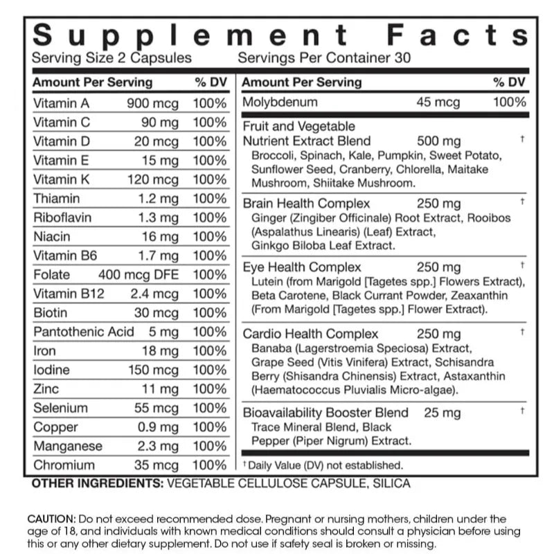 Daily Multivitamin and Trace Mineral Mixed Supplement - Natural, Non GMO, Vegetarian, Men's and Women's Multivitamins