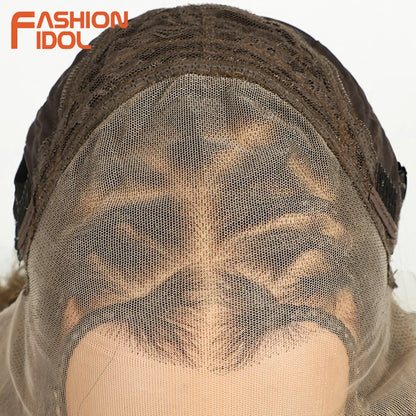 FASHION IDOL Twist Box Braided Lace Wigs Synthetic Brown 13X4 Lace Frontal Wigs For Black Women Goddess Faux Locs Braids Wigs