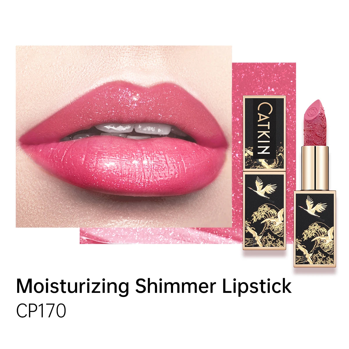 CATKIN Christmas Limited New Year's Lipstick for Lips CATKIN Moisturizing with Golden Glosses, Tone CP170 Crimson Pink, 3.6 G
