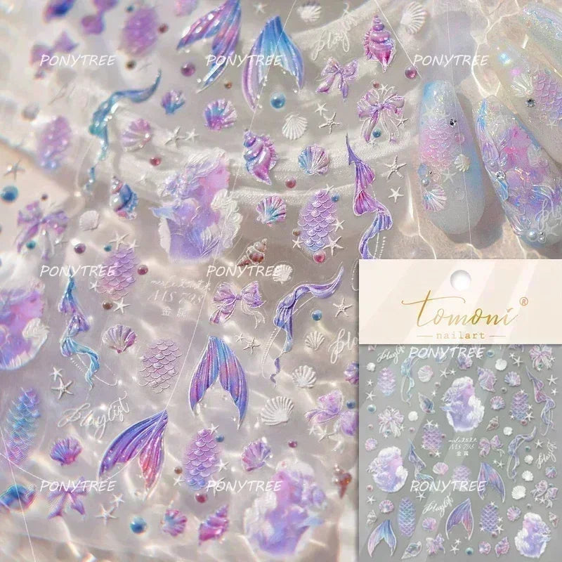 Gold Stamped Shell Conch Scallop Starfish Pearl 5D Embossed Self Adhesive Nail Art Stickers Delicate Ocean Style Manicure Decals