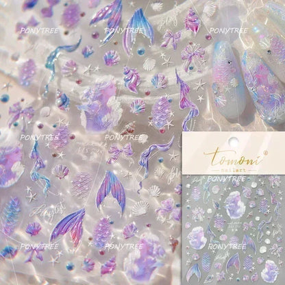 Gold Stamped Shell Conch Scallop Starfish Pearl 5D Embossed Self Adhesive Nail Art Stickers Delicate Ocean Style Manicure Decals