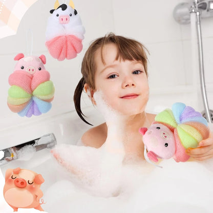 2 Pcs Bath Loofahs, Kids Toddler Cute Cartoon Bath Sponges, Loofah Bath Pouf, Body Scrubber Mesh Loofah Sponges (Animal)