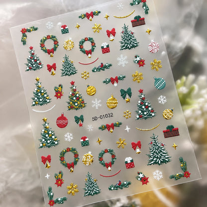 1pcs Gold-foiled Christmas Tree 5D Nail Stickers Bow Holly Snowflake Wreath Christmas Nail Decals Cartoon Merry Christmas Decora