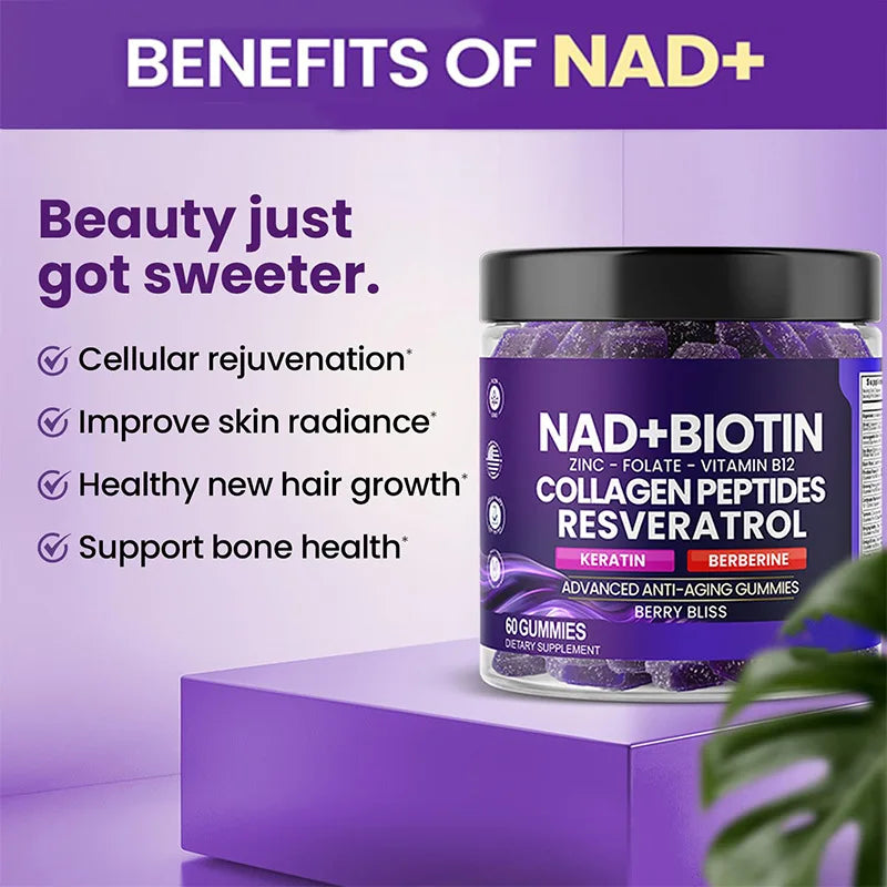 NAD+ Biotin Gummies with Vitamin D3 K2 Zinc Keratin Skin Care Anti Aging Whitening Skin Nail and Hair Care Supplement