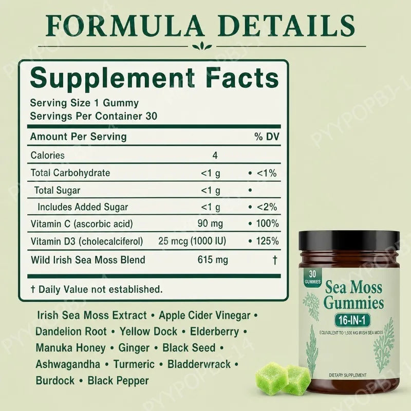 Irish Sea Moss Gummies 1500mg Equivalent 16 in 1 Botanical Blend,Support Digestion&Mood,Antioxidant Protection,Apple Flavor,30Ct