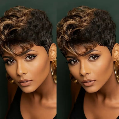 Afro Fluffy Curly Human Hair Wigs Pixie Cut Wig Coffee Brown 100%Human Hair Wig Short Kinky Curly Human Hair Full Machine Wig