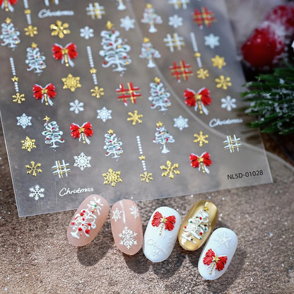 1pcs Gold-foiled Christmas Tree 5D Nail Stickers Bow Holly Snowflake Wreath Christmas Nail Decals Cartoon Merry Christmas Decora