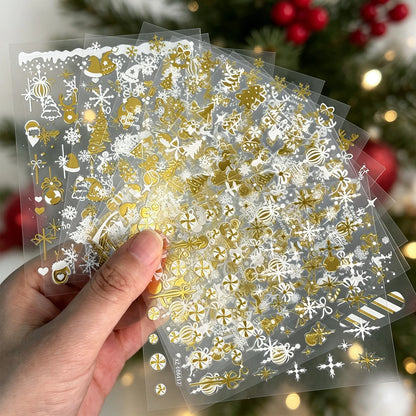 12pcs Gold White Snowflakes Snowman Santa Claus Christmas Nail Stickers Xmas Tree Elk Bow Nail Decals Winter Xmas Nail Supplies