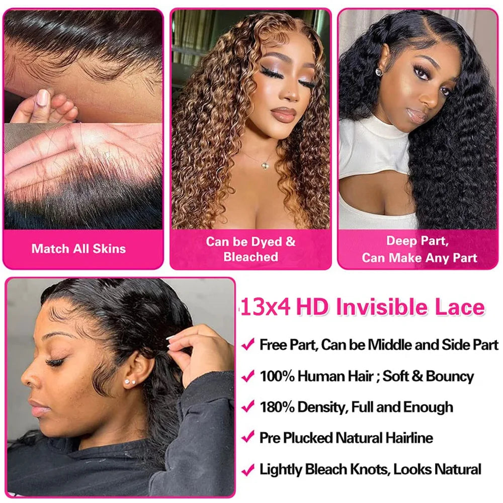 210 Density Deep Wave Human Hair Wigs 13x4 Transparent Lace Front Deep Curly Wigs Pre Plucked Virgin Raw Real Human Hair Wigs
