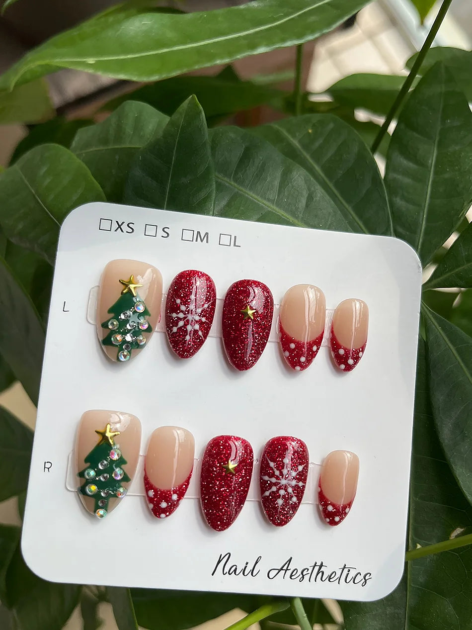 Handmade Short Almond Press On Nails Red Glitter Christmas False Nails Rhinestone Christmas Tree Snowflake Design Reusable 10Pcs