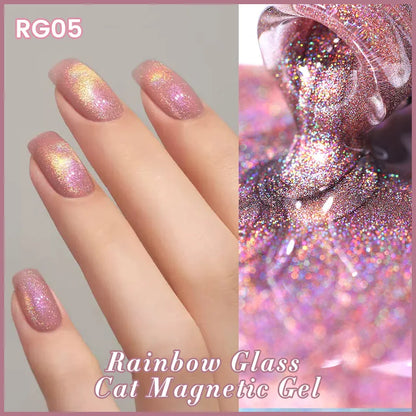 BORN PRETTY 10ml Rainbow Glass Cat Magnetic Nail Gel Polish Sparkling Double Light Reflective Glitter Colorful Laser Varnish