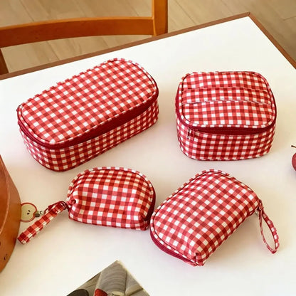 High Quality Red Grid Makeup Bag Multi-size Portable Toiletry Bag Cosmetic Pouch Women Cosmetic Bags & Cases