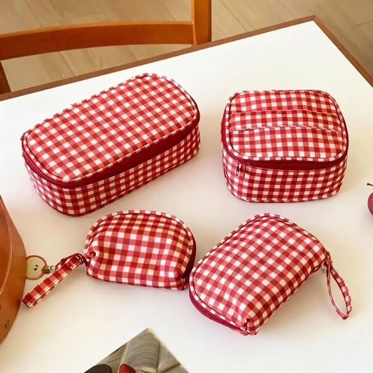 High Quality Red Grid Makeup Bag Multi-size Portable Toiletry Bag Cosmetic Pouch Women Cosmetic Bags & Cases