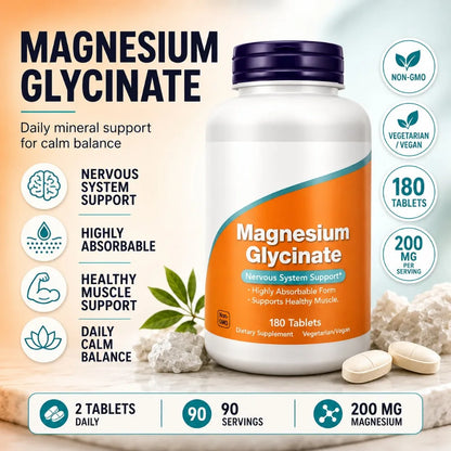 Magnesium Glycinate Tablets 200mg, High Absorption Vegan Non-GMO Formula for Nervous System Muscle Relaxation Support, 180 Count