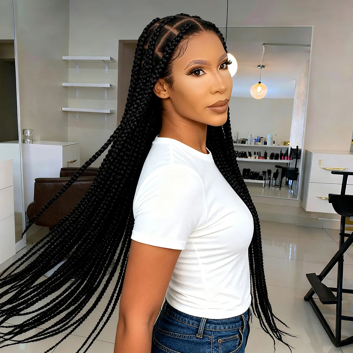 36inch Box Braided Wigs Synthetic Full Lace Braiding Hair Wigs Knotless Lace Frontal Braids Wig with Baby Hair for Black Women
