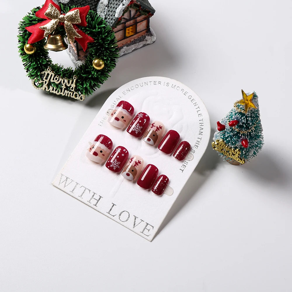 24Pcs Red Christmas Fake Nails Cute Santa Claus Reindeer & Snowflake Designs Artificial Nails Glossy Short Oval Press On Nails
