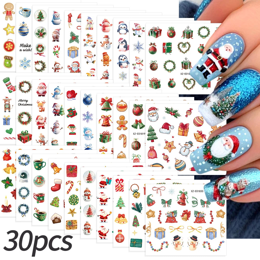 30pcs Cartoon Christmas Mini Nail Stickers Set Snowman, Snowflake, Penguin, Candy Adhesive Nail Decals Winter Manicure Sliders