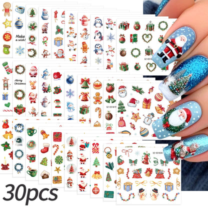 30pcs Cartoon Christmas Mini Nail Stickers Set Snowman, Snowflake, Penguin, Candy Adhesive Nail Decals Winter Manicure Sliders