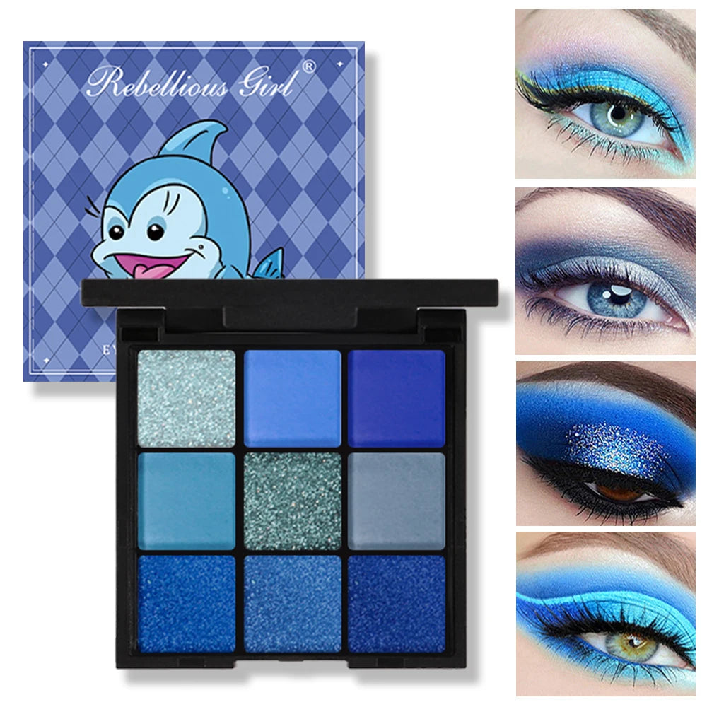 9-color Dolphin Blue Sweat-proof Natural Matte Pearlescent Glitter Eyeshadow Palette Eye Makeup for Music Festival Cosmetics