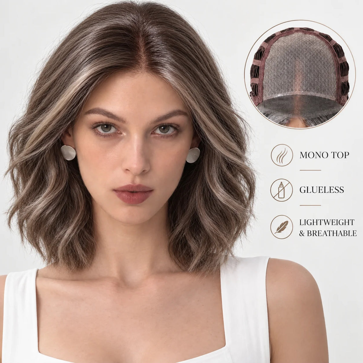 MONO Glueless Bob Wig for Women Ash Brown Highlight Synthetic Hair Middle Part Natural Scalp Lightweight Breathable