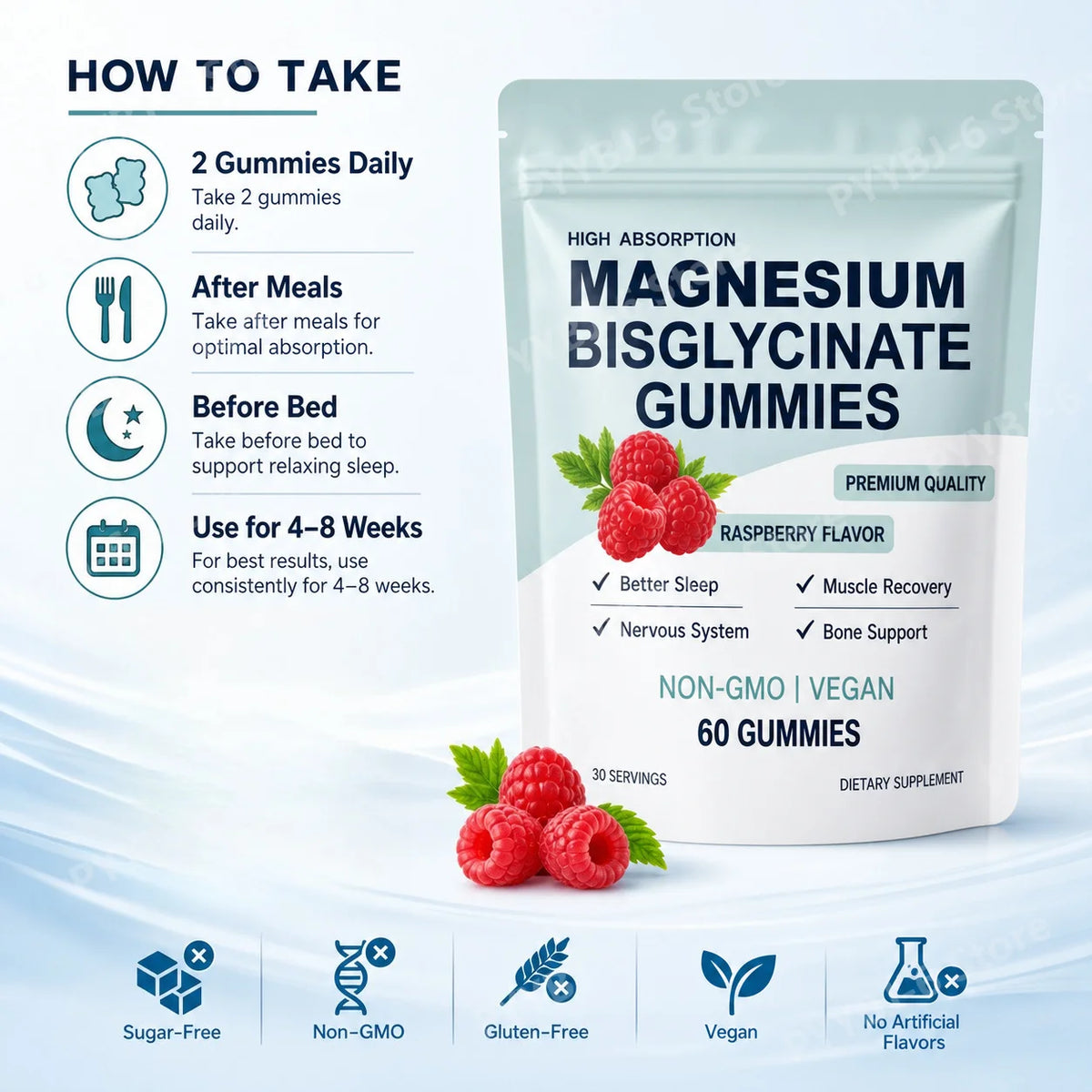 Magnesium Bisglycinate Gummies 400mg Raspberry Flavor Sugar Free Vegan Supplement Sleep Relaxation Muscle Support 60 Gummies