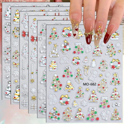 2 to 12 Sheets 5D Gold Silver Christmas Nail Decals Crystal Rhinestone Snowflake Xmas Tree Self Adhesive Nail Art Stickers