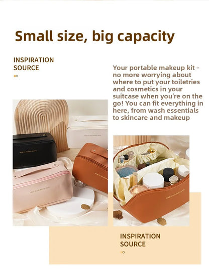 Women Travel Makeup Bag PU Cosmetic Organizer Large Capacity Toiletry Bag Wide Opening Portable Wash Bag