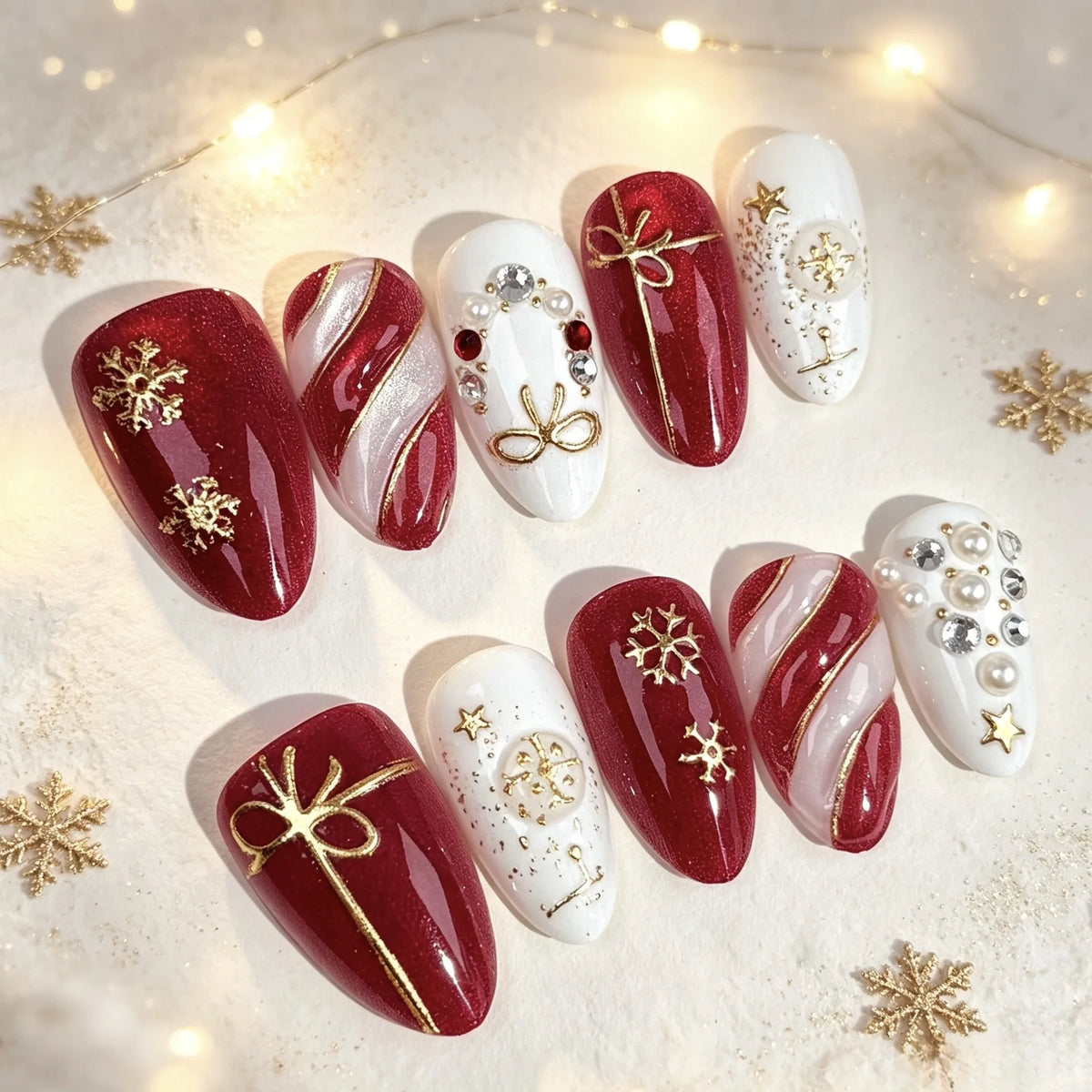 30pcs Christmas Burgundy Red Press On Nails Gold Bow Snowflake Pearl Fake Nail Short Oval Rhinestone 3D False Nail for Women