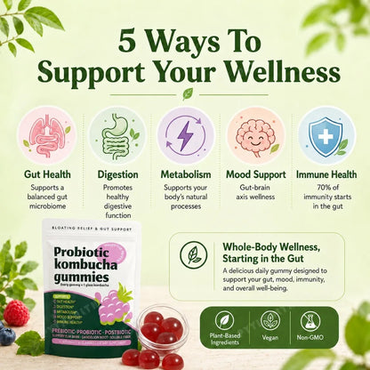 Probiotic Kombucha Gummies Berry 30 Ct Prebiotic Postbiotic Gut Health Digestion Bloating Relief Immune Vegan Non-GMO Supplement