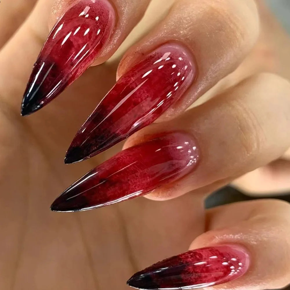 24pcs Blood Red Fake Nails Gradient Long Pointed False Nail Patch Full Cover Wearable Fake Nail Tips Halloween Manicure Sets