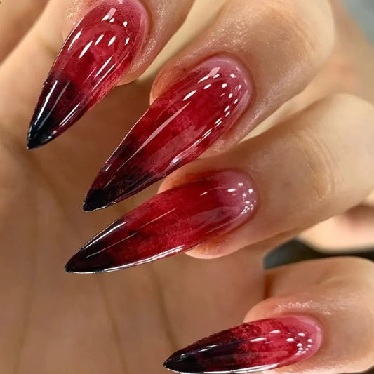 24pcs Blood Red Fake Nails Gradient Long Pointed False Nail Patch Full Cover Wearable Fake Nail Tips Halloween Manicure Sets