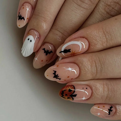 24 Pcs Halloween Nails Press on Bat Ghost Pumpkin Nail Tips Self-adhesive Almond Fake Nails Aesthetic Glued Nails Removable 2025