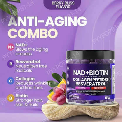 Biotin Collagen Gummies with NAD+ Resveratrol Vitamin D3 K2 Zinc Daily Beauty Wellness Supplement 60 Count Berry Flavor