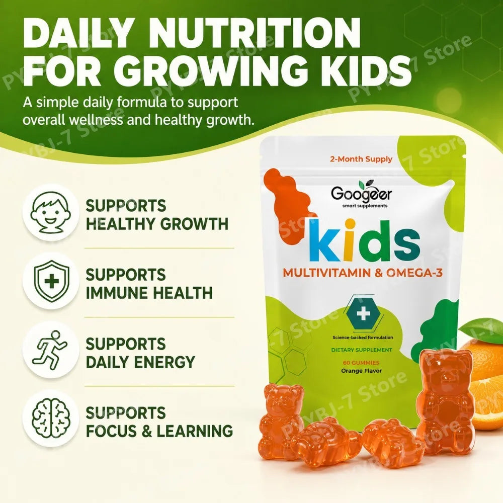 Googeer Kids Multivitamin Omega-3 Gummies with Vitamin C, D3 & Zinc, Supports Growth, Appetite & Metabolism Children, 60 Gummies