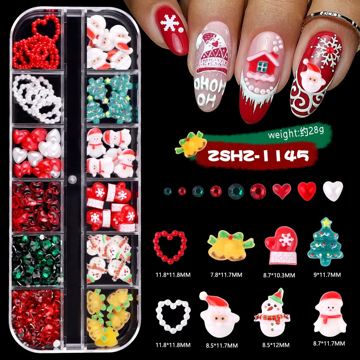 Christmas Theme Nail Art 3D Resin Decor Set, Santa Claus, Colorful Penguins, Snowman, Christmas Tree, Gloves, Bow, Star, 3D Nail