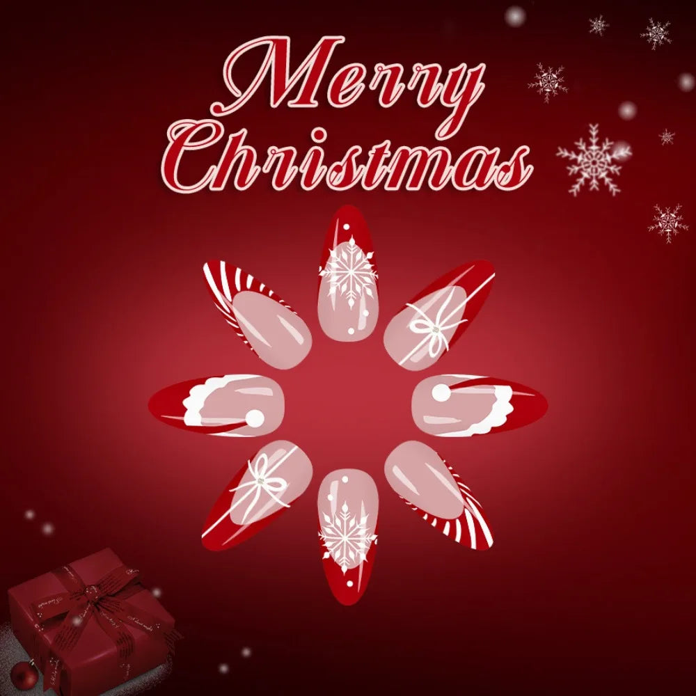 24PCS Red French Pointed Nails Christmas Fake Nails With Snowflake Christmas Hat Design, Artificially Adhered To The Nails