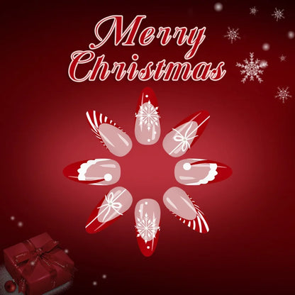 24PCS Red French Pointed Nails Christmas Fake Nails With Snowflake Christmas Hat Design, Artificially Adhered To The Nails