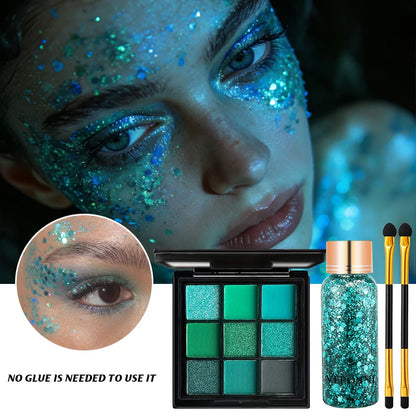 9 Colors Green Eyeshadow Palette + Glitter Gel + Brushes Set, Matte Shimmer Pigmented Makeup Kit for Halloween Cosplay Party