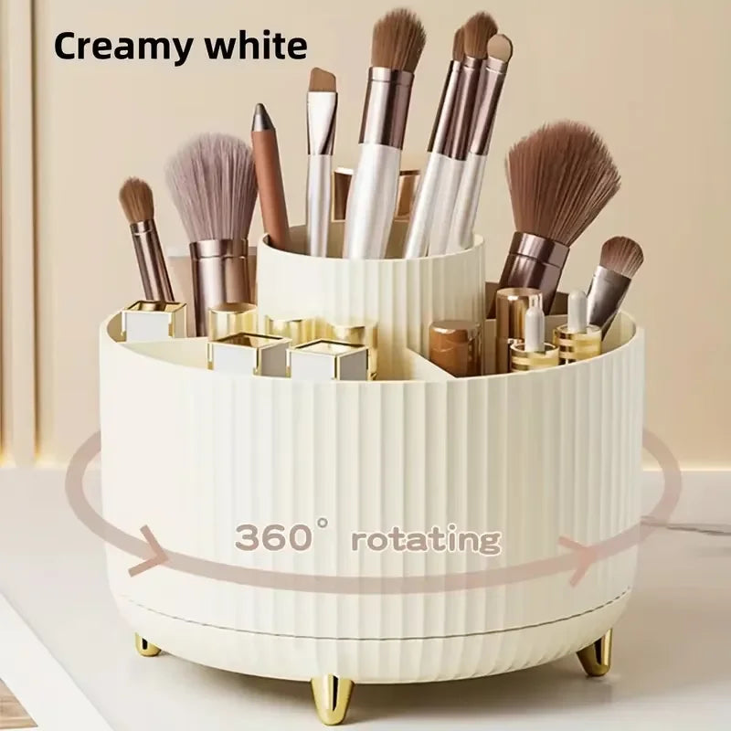 Rotating Makeup Organizer, Cosmetic Display Case with Brush Holder Perfume Tray, Storage Carousel for Vanity Bathroom Countertop