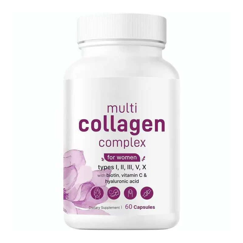 Hydrolyzed multi collagen peptide protein capsules - I,  II, III, type V containing biotin, vitamin C, hyaluronic acid