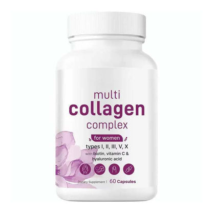 Hydrolyzed multi collagen peptide protein capsules - I,  II, III, type V containing biotin, vitamin C, hyaluronic acid