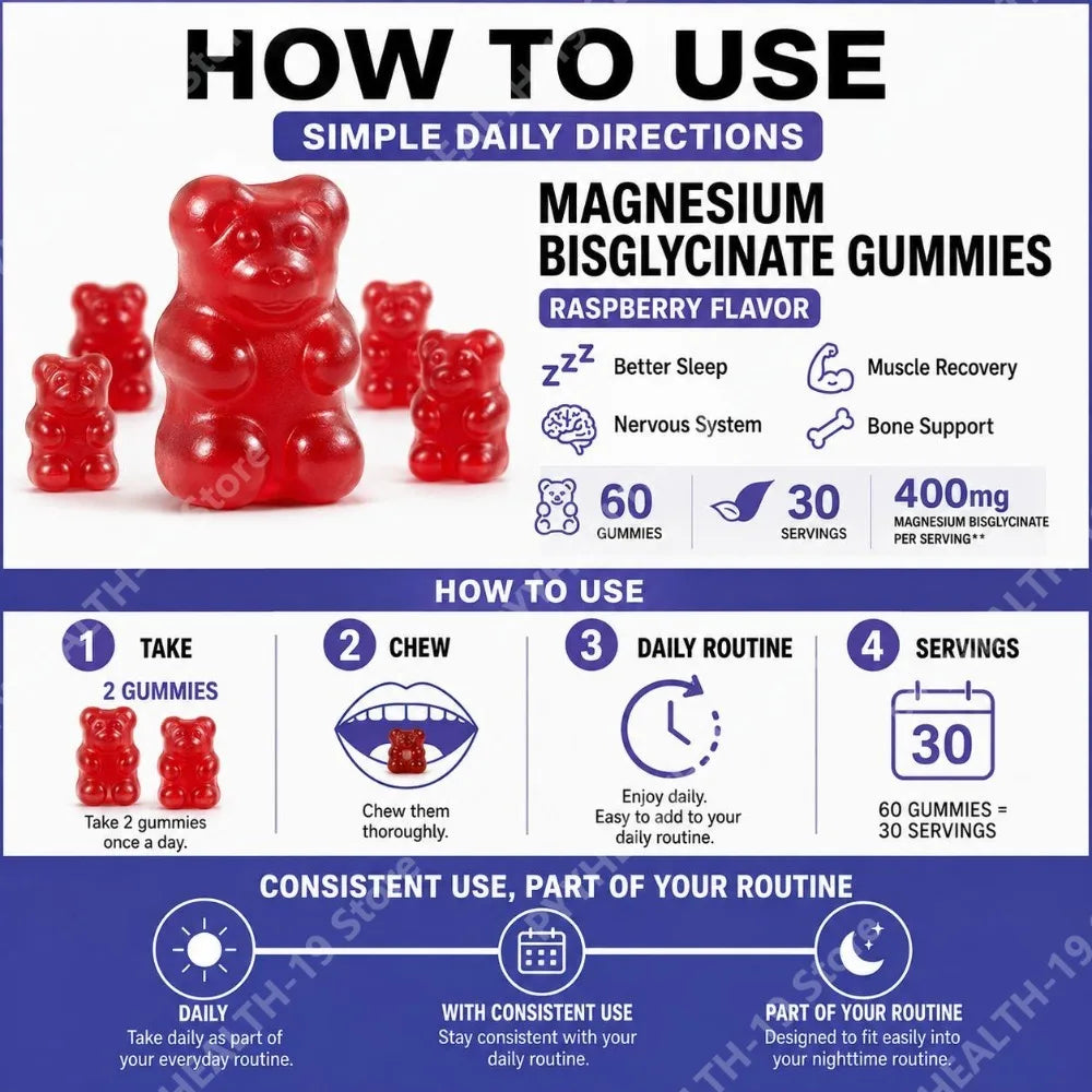 Magnesium Bisglycinate Gummies 400mg, with Vitamin D3 & Zinc, 60 Count, Supports Better Sleep, Muscle Recovery & Nervous System