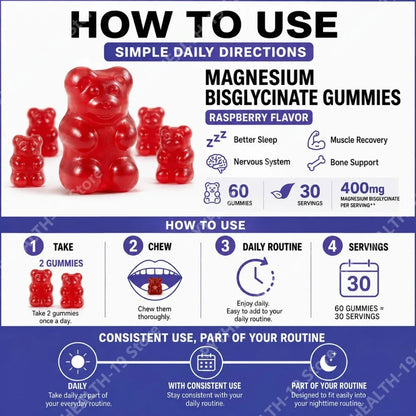 Magnesium Bisglycinate Gummies 400mg, with Vitamin D3 & Zinc, 60 Count, Supports Better Sleep, Muscle Recovery & Nervous System